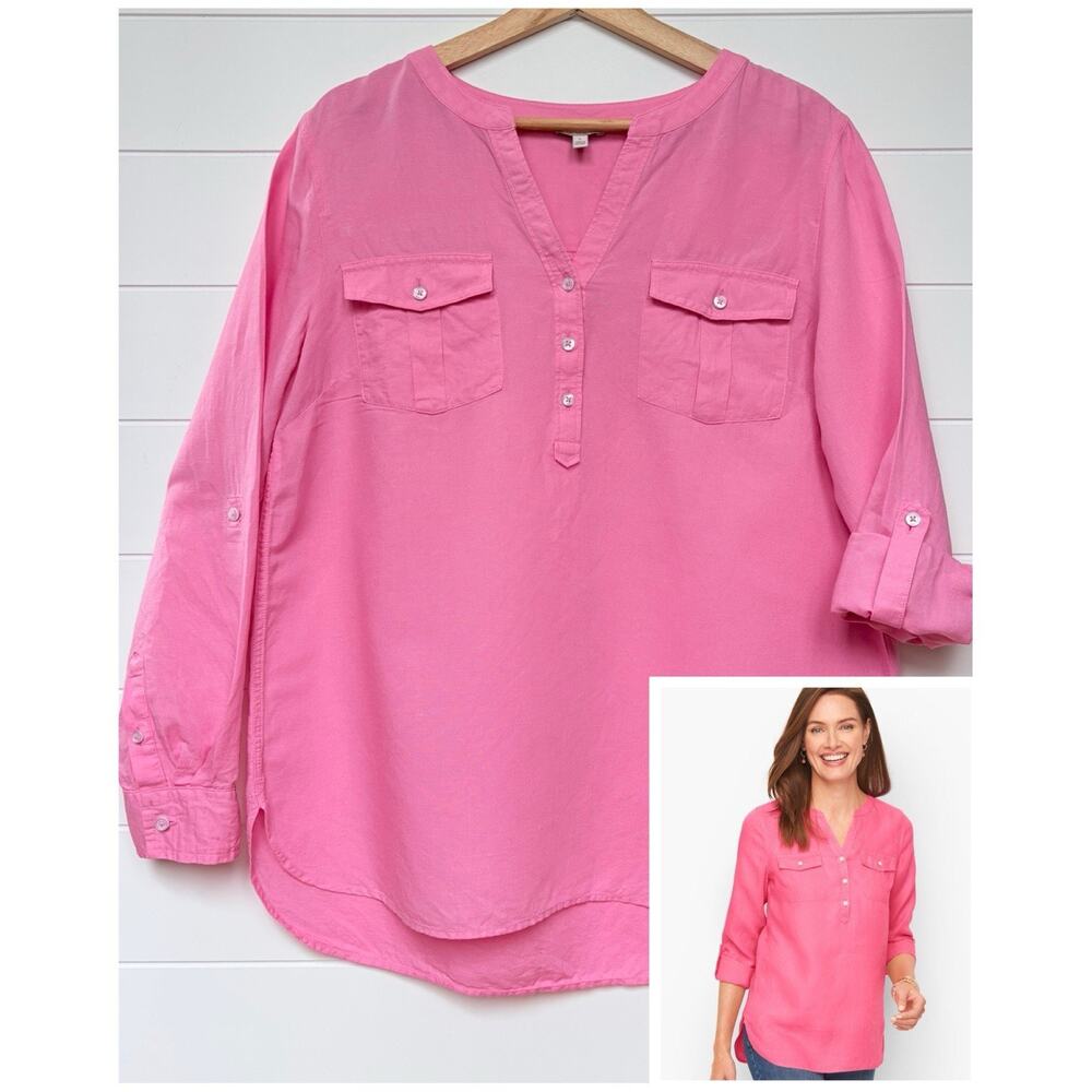 Talbots Pink Linen Blend Popover Blouse Womens L Roll Tab Sleeve Summer Resort